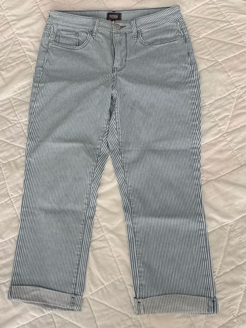 NYDJ Women's Blue and White Conductor Stripe Straight Crop Jeans